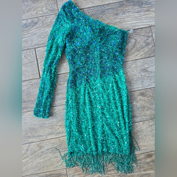 Rachel Allan Teal Sequin Beaded Homecoming Formal Fringe Prom Shoulder Dress 0 - Picture 6 of 9